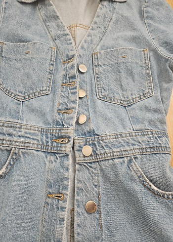 xs Beden Düğmeli Mavi Denim Elbise