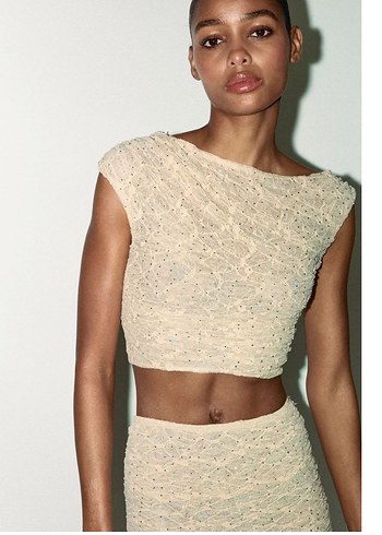 Zara Krem drapeli taşlu Dantel Detaylı Crop Top