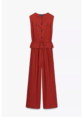 Zara Kemerli Kolsuz Kırmızı Uzun keten Tulum - Görsel 4