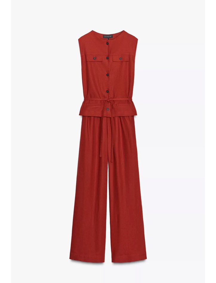 Zara Kemerli Kolsuz Kırmızı Uzun keten Tulum - Görsel 4