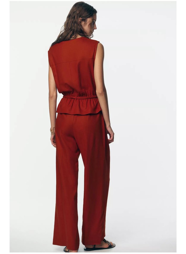 Zara Kemerli Kolsuz Kırmızı Uzun keten Tulum - Görsel 5