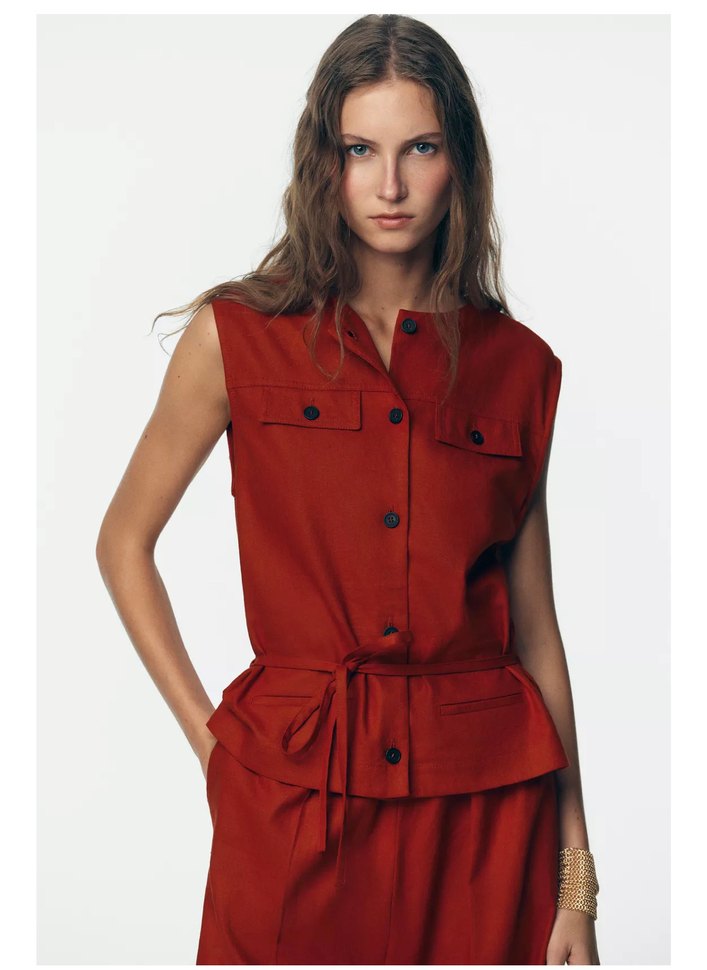 Zara Kemerli Kolsuz Kırmızı Uzun keten Tulum - Görsel 2