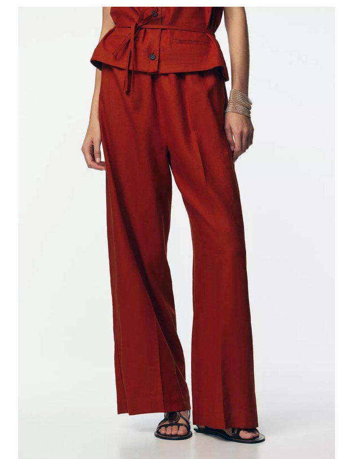 Zara Kemerli Kolsuz Kırmızı Uzun keten Tulum - Görsel 3