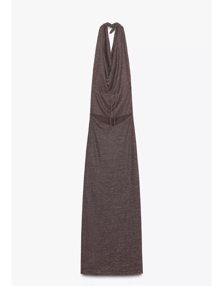 Zara gold detaylı Drapeli Uzun halter Abiye Elbise - Görsel 3