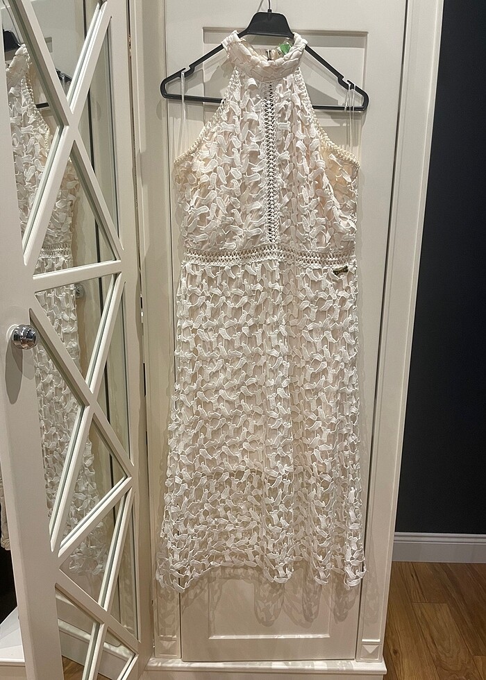 Beyaz ekru midi dantelli elbise - Görsel 2