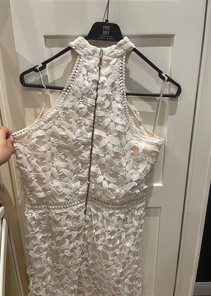 Beyaz ekru midi dantelli elbise - Görsel 5