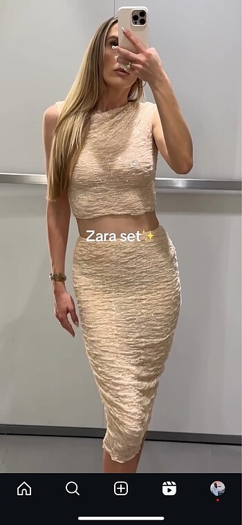 Zara taşlı drapeli crop etek takım