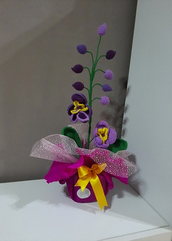 Mor Örgü Çiçekli Dekoratif El İşi - Görsel 2