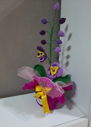 Mor Örgü Çiçekli Dekoratif El İşi - Görsel 4