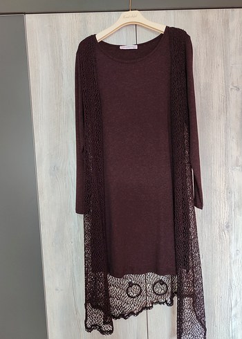 Bordo Örgü Yelekli Kadın Tunik