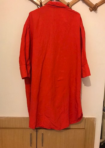 Kırmızı Uzun Düğmeli Keten tunik - Görsel 2