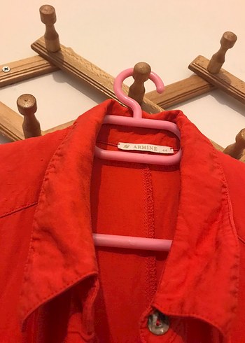 Kırmızı Uzun Düğmeli Keten tunik - Görsel 3