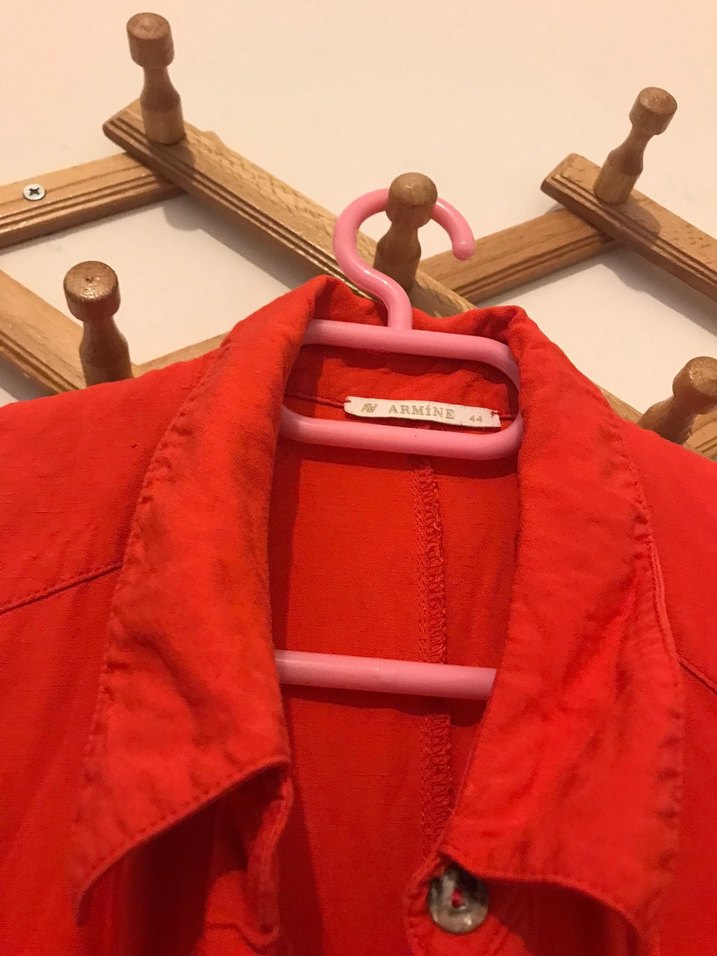 Kırmızı Uzun Düğmeli  Keten tunik - Görsel 3