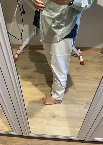 Beyaz Keten Rahat Kesim Kadın Pantolon - Görsel 4