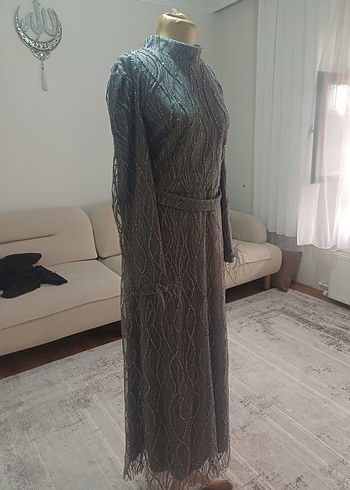 Abiye Gri Nakışlı Uzun Triko Elbise