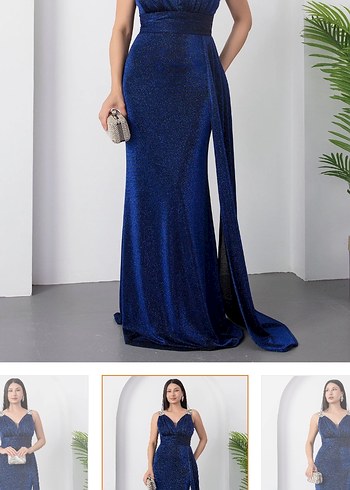 Sıfır Etiketli Lacivert V Yaka Drapeli Midi Abiye Elbise - Görsel 5