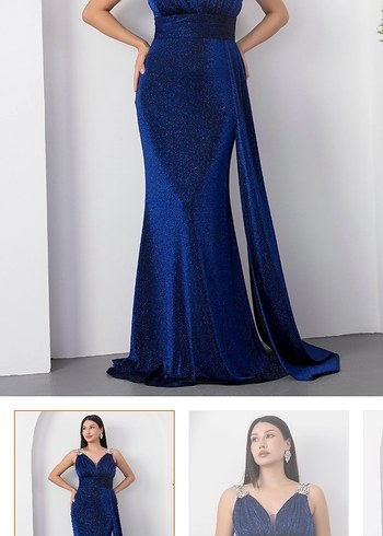 Sıfır Etiketli Lacivert V Yaka Drapeli Midi Abiye Elbise - Görsel 2