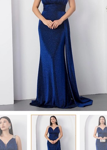 Sıfır Etiketli Lacivert V Yaka Drapeli Midi Abiye Elbise - Görsel 3