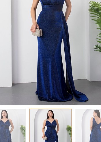 Sıfır Etiketli Lacivert V Yaka Drapeli Midi Abiye Elbise - Görsel 6