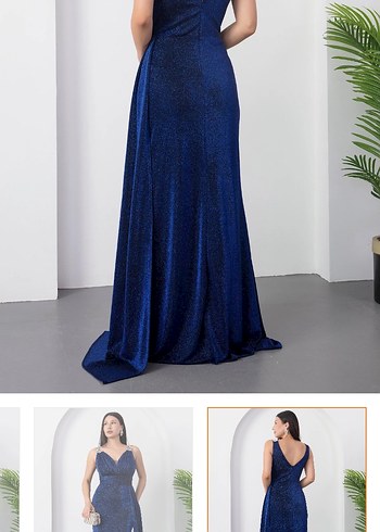 Sıfır Etiketli Lacivert V Yaka Drapeli Midi Abiye Elbise - Görsel 7