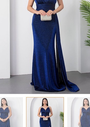 Sıfır Etiketli Lacivert V Yaka Drapeli Midi Abiye Elbise - Görsel 4