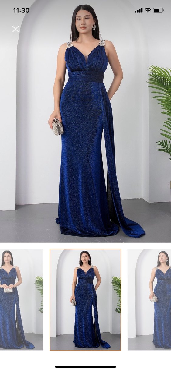 Sıfır Etiketli Lacivert V Yaka Drapeli Midi Abiye Elbise - Görsel 5