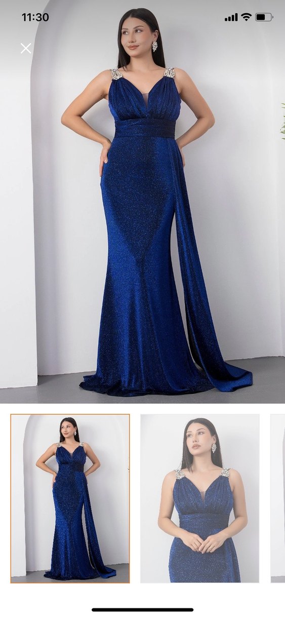 Sıfır Etiketli Lacivert V Yaka Drapeli Midi Abiye Elbise - Görsel 2