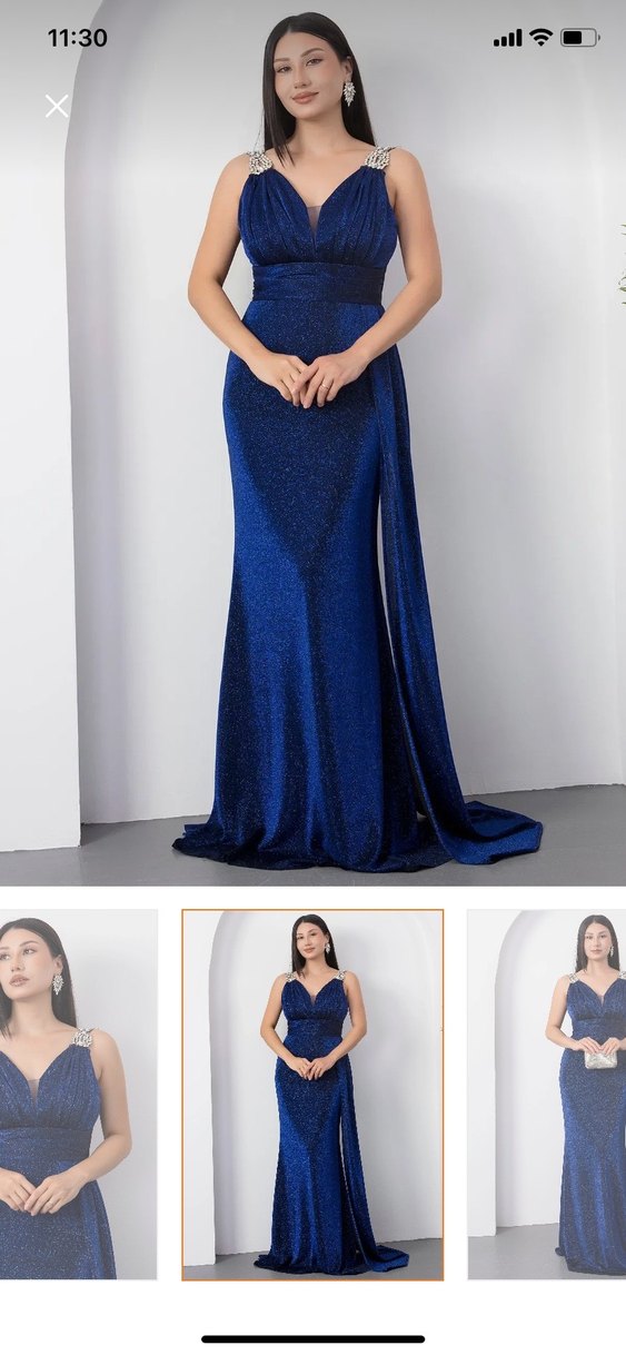 Sıfır Etiketli Lacivert V Yaka Drapeli Midi Abiye Elbise - Görsel 3