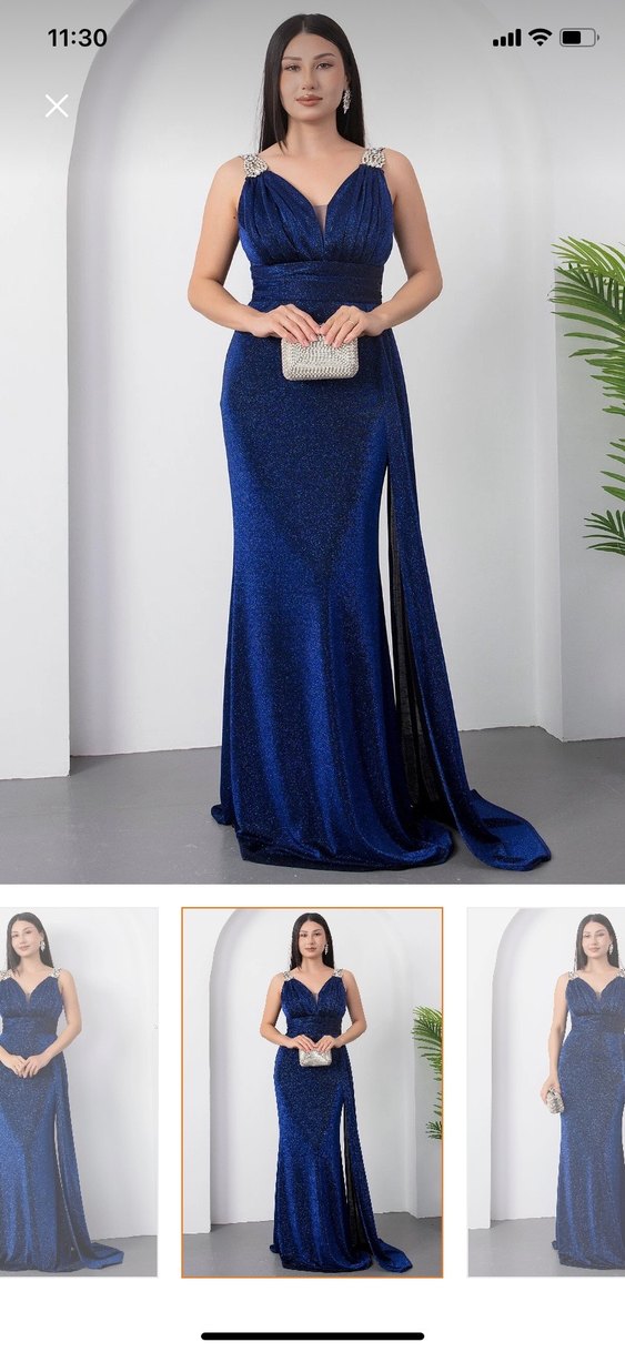 Sıfır Etiketli Lacivert V Yaka Drapeli Midi Abiye Elbise - Görsel 4