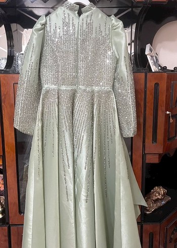 Uzun Kollu taşlı mint Abiye Elbise - Görsel 3