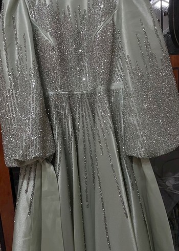 Uzun Kollu taşlı mint Abiye Elbise - Görsel 2