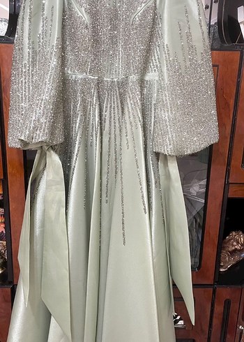 Uzun Kollu taşlı mint Abiye Elbise - Görsel 6