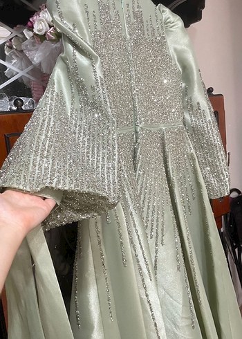 Uzun Kollu taşlı mint Abiye Elbise - Görsel 7