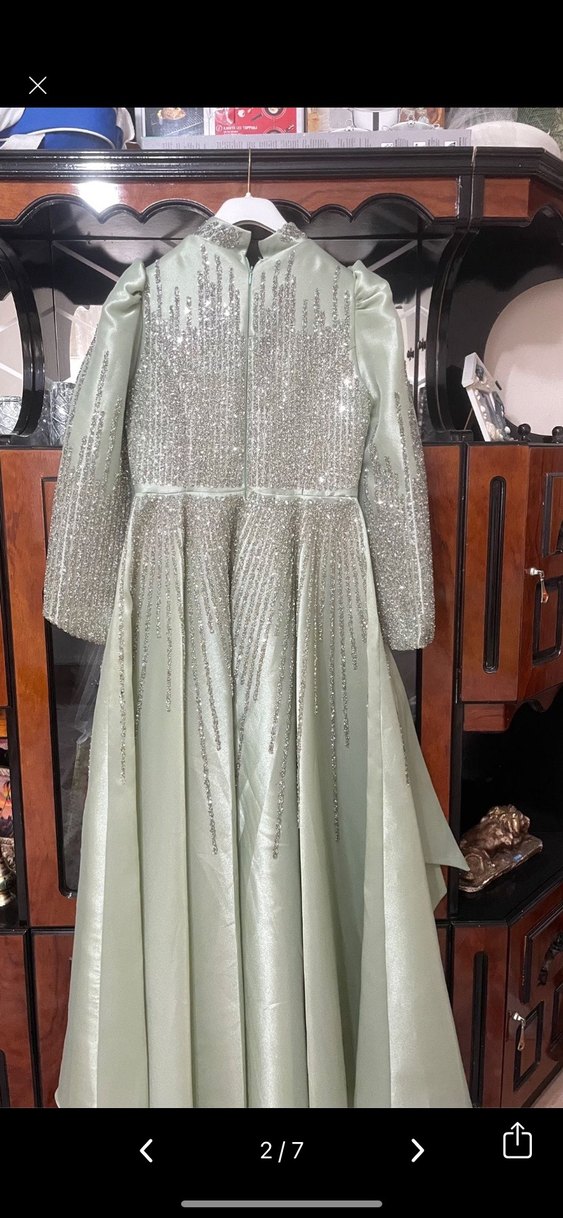 Uzun Kollu taşlı mint Abiye Elbise - Görsel 3