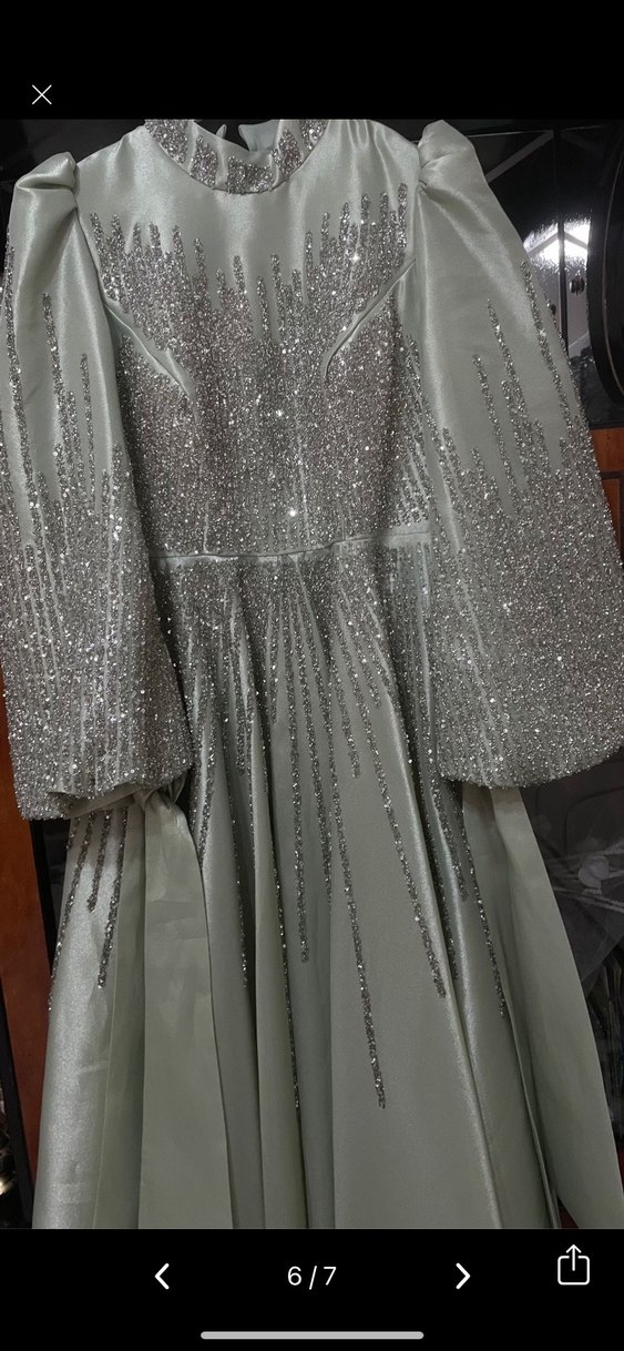 Uzun Kollu taşlı mint Abiye Elbise - Görsel 2