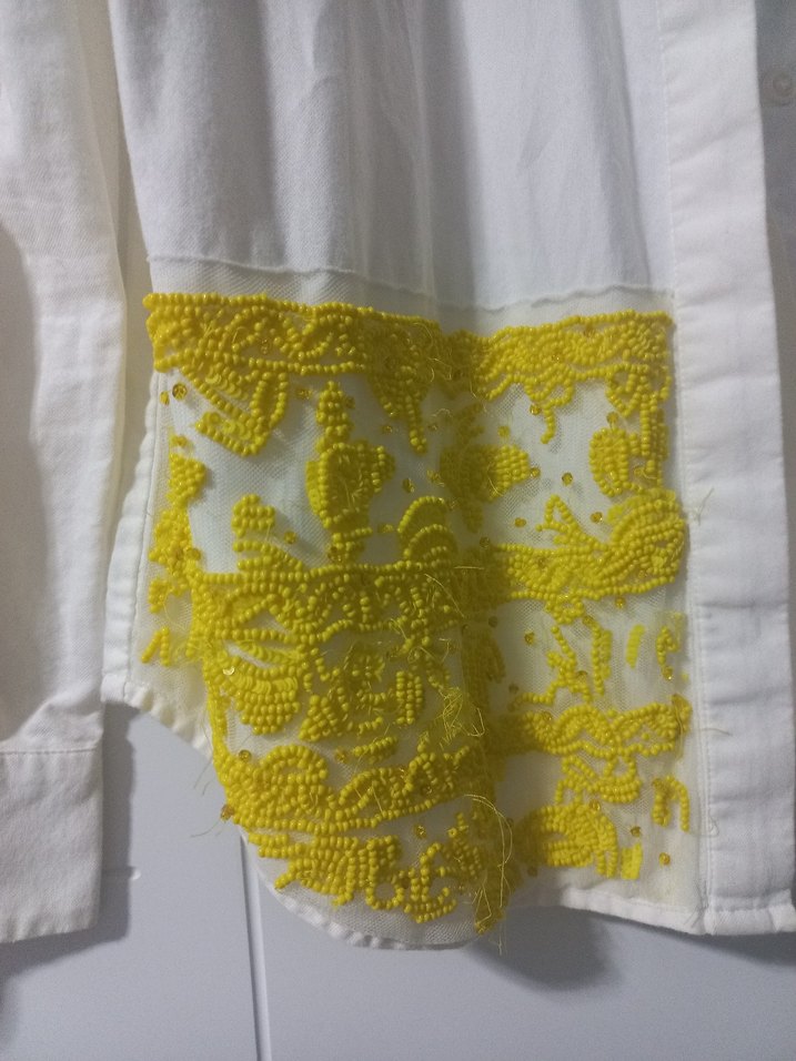 Nakışlı Beyaz Keten Uzun Kollu Gömlek - Görsel 2