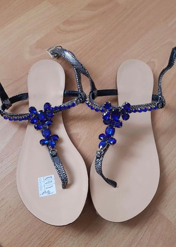 Mavi Taşlı Bohem Stiletto Kadın Sandalet