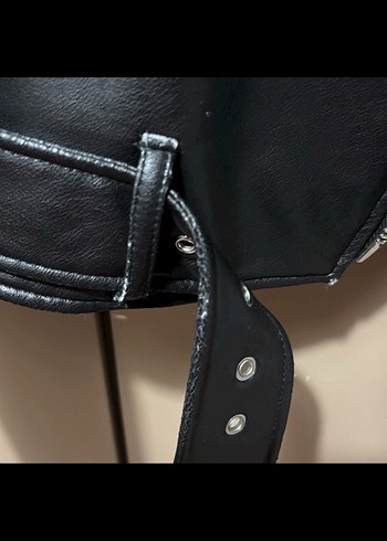 Kadın Siyah Mini Deri Biker Ceket - Görsel 5