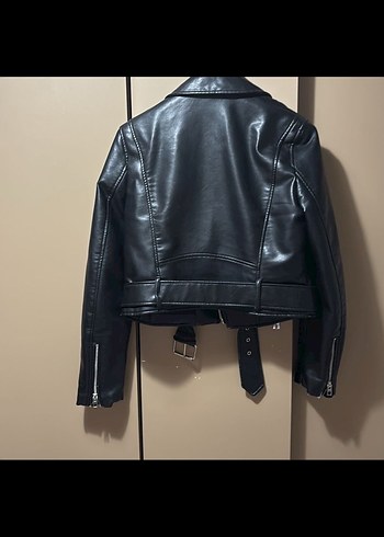 Kadın Siyah Mini Deri Biker Ceket - Görsel 3