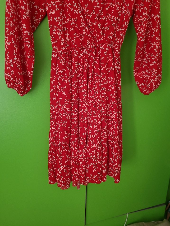 V Yaka Düğmeli Kırmızı Bohem Elbise - Görsel 4