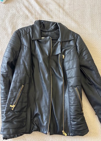 Siyah Deri Biker Ceket, Fermuarlı, Normal Boy