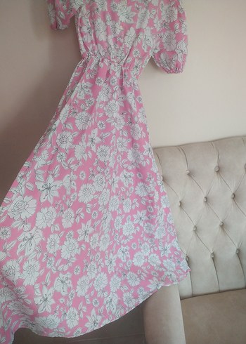Diğer Pembe Çiçek Desenli Uzun Bohem Elbise