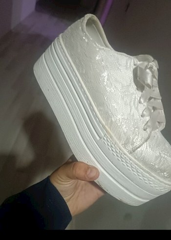 Beyaz Dantelli Stiletto Topuklu Spor Ayakkabı - Görsel 6