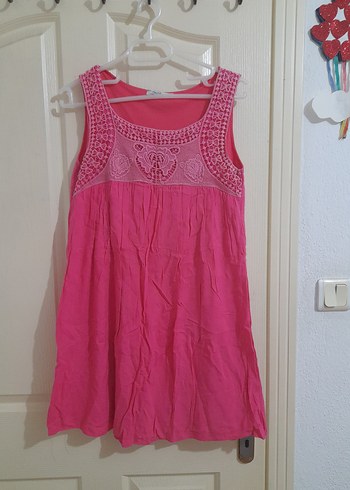 Pembe Dantel Detaylı Salaş Midi Elbise
