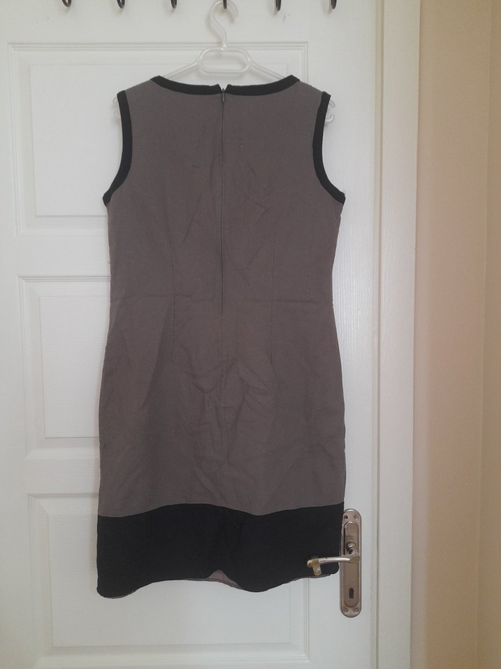 Kolsuz Midi Kahverengi Keten Elbise - Görsel 5