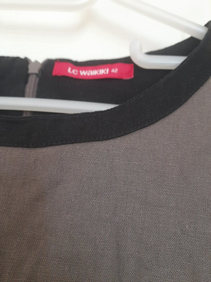 Kolsuz Midi Kahverengi Keten Elbise - Görsel 3