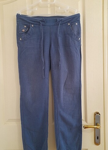 34 Beden mavi Renk Defacto Marka Keten Paça Bağcıkli Pantolon 