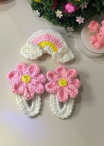 Çiçekli Örgü çocuk  Toka Seti Pembe - Görsel 2