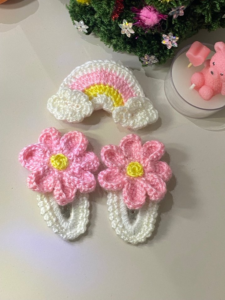 Çiçekli Örgü çocuk  Toka Seti Pembe - Görsel 2