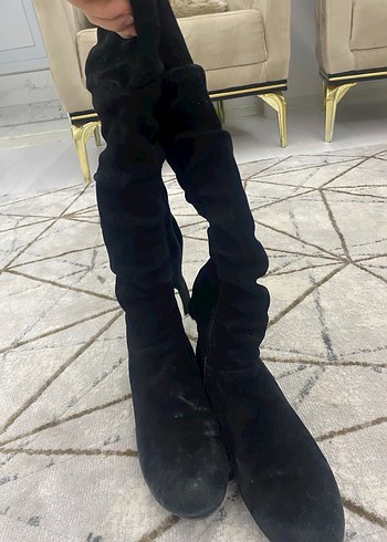 Siyah Süet Dizüstü Topuklu Kadın Çizme - Görsel 2